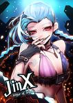  bare_shoulders beancurd belt blue_hair braid building bullet bullet_necklace character_name fingerless_gloves flat_chest gloves highres jewelry jinx_(league_of_legends) league_of_legends long_hair looking_at_viewer midriff necklace red_eyes smile solo tattoo tongue twin_braids 