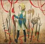  androgynous axe bad_id bad_twitter_id blonde_hair boots braid crown erubo hair_ornament knee_boots male_focus multicolored multicolored_eyes multicolored_hair original partisan planted_weapon polearm red_eyes red_ribbon ribbon solo spear theodor_bachstein trident weapon 