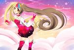  1girl :o blonde_hair blue_hair boots brown_hair choker dress female galaco galaxy hands happy long_hair multicolored_hair open_mouth orange_eyes pink_hair solo star stars very_long_hair vocaloid 