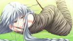  1girl game_cg grey_hair mummification narumi_suzune nude rope tojita_sekai_no_tori_colony yellow_eyes 