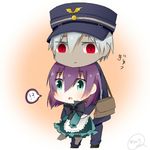  1girl bad_id bad_pixiv_id bag blue_eyes bow grey_hair hat hug katori_(quietude) lowres open_mouth pale_skin purple_hair red_eyes short_hair 