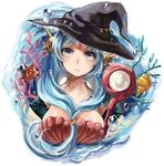  blue_eyes blue_hair breasts bubble cleavage coral front_ponytail hat jewelry large_breasts long_hair looking_at_viewer magi_the_labyrinth_of_magic shell shell_bikini solo staff tomoyami water witch_hat yamuraiha 