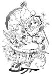  beamed_eighth_notes bracelet dress eighth_note greyscale hat instrument jewelry looking_at_viewer merlin_prismriver monochrome musical_note open_mouth platform_footwear quarter_note sheet_music shoes sitting smile socks solo touhou uni_mate 