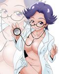  1girl areola_slip areolae artist_request breasts davi_(dokidoki!_precure) db_(dokidoki!_precure) dokidoki!_precure earrings female glasses jewelry labcoat light_smile looking_at_viewer navel nude open_clothes pcwr_etchy precure pubic_hair purple_eyes purple_hair short_hair smile solo stethoscope 