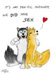  &lt;3 alpha_and_omega bedroom_eyes black_nose blue_eyes canine english_text female feral fur grey_fur hair humphrey kate looking_at_viewer male mammal open_mouth plain_background pointing smile text tongue tongue_out wolf wonderthefox yellow_eyes yellow_fur 
