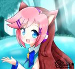  1girl :d animal_ears barrette barrettes blue blue_eyes blue_shirt blush brown brown_hair cat_ears clothed eyelashes eyes female grass hair_barrettes hand hands happy headphones hoshine_stella lake light long_hair lowres nail_polish open_mouth pink pink_hair shirt smile solo star sunlight sunshine tree utau vocaloid 