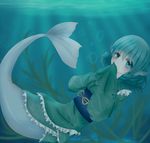  blue_eyes blue_hair bubble covering_mouth head_fins highres japanese_clothes kimono kyun_(vacaloid) mermaid monster_girl obi sash seaweed short_hair touhou underwater wakasagihime 