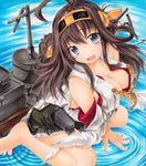  :d bare_shoulders barefoot blush breasts brown_hair cleavage detached_sleeves double_bun fang frilled_skirt frills hair_ornament hairband headgear japanese_clothes kantai_collection kongou_(kantai_collection) large_breasts long_hair nontraditional_miko open_mouth pastel_(medium) ripples shikishi silver_eyes sitting skirt smile solo torn_clothes traditional_media wariza water wide_sleeves yukitsuki_kokoro 