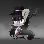  black_hair chibi chubby clothed clothing coat cute equine female feral friendship_is_magic frown fur grey_fur gun hair hat horse lifeloser long_hair mammal my_little_pony necktie octavia_(mlp) plain_background pony purple_eyes ranged_weapon shirt smoke solo standing suit tommy_gun weapon 