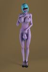  3d areola balls big_breasts blindfold blue_hair breasts demon dickgirl erect_nipples flaccid gif_author hair intersex long_nails navel nipples nude penis purple_skin shoes teeth 
