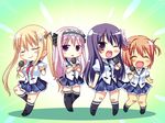  4girls arihara_nodoka blonde_hair brown_hair eyes_closed game_cg kagami_inori kamikihara_motofumi miyamori_korone multiple_girls narumi_suzune pink_hair purple_eyes purple_hair school_uniform shijo_yuki tojita_sekai_no_tori_colony uniform 