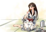  akagi_(kantai_collection) barefoot blush brown_eyes brown_hair eating food gari_gari-kun japanese_clothes kaekae kantai_collection kimono long_hair looking_to_the_side on_floor popsicle sidelocks sitting solo tatami trash_can yokozuwari yukata 