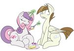  brown_eyes brown_hair cake cutie_mark duo equine eyes_closed featherweight_(mlp) female feral food fork friendship_is_magic glowing hair horn horse levitation magic male mammal my_little_pony pegasus plain_background plate pony reiduran sparkles sweetie_belle_(mlp) two_tone_hair unicorn white_background wings 