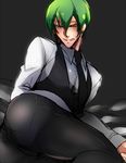 ass blazblue green_hair hazama kaneaki_mukku licking_lips lying male_focus naughty_face necktie no_hat no_headwear on_side solo tongue tongue_out vest yellow_eyes 