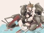  bare_shoulders black_hair blush breasts brown_hair elbow_gloves fingerless_gloves gloves green_eyes hair_ornament headgear kantai_collection large_breasts long_hair miniskirt multiple_girls mutsu_(kantai_collection) nagato_(kantai_collection) navel partially_submerged red_eyes red_legwear rororoon short_hair sitting skirt thighhighs water 
