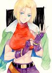 abs adjusting_clothes adjusting_gloves agahari bare_shoulders belt beltskirt blonde_hair blue_eyes blue_mary breasts crop_top fatal_fury fingerless_gloves gloves image_sample jacket_on_shoulders large_breasts looking_at_viewer md5_mismatch midriff muscle pixiv_sample short_hair smile solo straight_hair the_king_of_fighters 