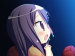  1girl arihara_nodoka chibi food game_cg narumi_suzune purple_eyes purple_hair solo tojita_sekai_no_tori_colony 