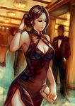  bracelet breasts brown_hair china_dress chinese_clothes cleavage cleavage_cutout dress jewelry large_breasts long_hair short_hair side_slit solo_focus wuduo 