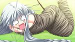  1girl character_request game_cg grey_hair mummification narumi_suzune nude rope tojita_sekai_no_tori_colony 