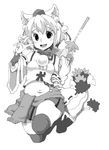  animal_ears blush bracelet collar detached_sleeves greyscale hat inubashiri_momiji jewelry looking_at_viewer midriff miniskirt monochrome navel_piercing open_mouth piercing ring scarf shield short_hair skirt smile solo sword tail thighhighs tokin_hat touhou uni_mate v weapon wolf_ears wolf_tail 