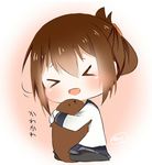  &gt;_&lt; :d bad_id bad_pixiv_id blush brown_hair closed_eyes folded_ponytail hug inazuma_(kantai_collection) kantai_collection katori_(quietude) lowres open_mouth pantyhose short_hair smile solo xd 