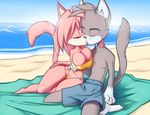  anthro beach big_breasts breasts cat cleavage clothed clothing eyes_closed feline female grey_hair hair kissing leo_(vg_cats) male mammal navel nipple_bumps pink_hair seaside swimsuit thefuckingdevil vg_cats wide_hips 
