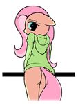  apony blue_eyes bottomless butt clothed clothing equine floppy_ears fluttershy_(mlp) friendship_is_magic fur hair half-dressed hoodie horse looking_at_viewer looking_back mammal my_little_pony pink_hair plain_background pony solo white_background yellow_fur 