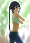  black_hair bra_strap brown_eyes denim highres jeans k-on! long_hair nakano_azusa oku_no_shi panties pants panty_peek shirt_lift solo twintails underwear undressing 