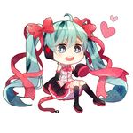  bad_id bad_pixiv_id boots bow bowtie detached_sleeves full_body hair_ribbon hatsune_miku headphones heart knee_boots kneehighs long_hair open_mouth ribbon simple_background sitting skirt sleeves_past_wrists solo twintails very_long_hair vocaloid white_background yuya_kyoro 