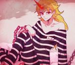  blonde_hair chain collarbone cuffs horn hoshiguma_yuugi long_hair name_tag off_shoulder pointy_ears prison_clothes red_eyes shackles sitting six_(fnrptal1010) smile solo touhou 