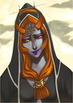  closed_mouth eyeshadow face front_ponytail grey_skin hood jewelry lips lipstick long_hair makeup midna midna_(true) orange_hair pointy_ears portrait purple_lipstick red_eyes smile solo spoilers suguro the_legend_of_zelda the_legend_of_zelda:_twilight_princess tiara yellow_sclera 