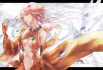  1girl bare_shoulders breasts center_opening cleavage detached_sleeves elbow_gloves fingerless_gloves gloves guilty_crown hair_ornament hairclip long_hair medium_breasts navel pink_eyes pink_hair ribbon solo tanikku twintails yuzuriha_inori 