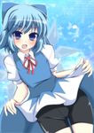  bike_shorts blue_background blue_eyes blue_hair blue_skirt blush bow cirno dress dress_lift fang hair_bow ice ice_wings looking_at_viewer masiromu open_mouth puffy_sleeves shirt short_sleeves shorts shorts_under_skirt skirt smile solo touhou wings 