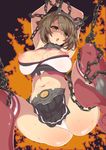  arms_up bdsm belt bondage bound breasts brown_hair chain chained green_eyes headgear kantai_collection large_breasts miniskirt mutsu_(kantai_collection) neyonsan nipples open_mouth panties red_legwear shaded_face short_hair skirt solo spread_legs thighhighs underwear white_panties 