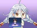  1girl chibi game_cg grey_hair kamikihara_motofumi long_hair narumi_suzune tojita_sekai_no_tori_colony yellow_eyes 