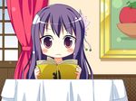  1girl arihara_nodoka chibi food game_cg narumi_suzune purple_eyes purple_hair solo tojita_sekai_no_tori_colony 