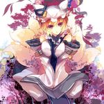  adapted_costume bare_shoulders blonde_hair detached_sleeves fox_tail hat highres multiple_tails parted_lips rain_lan short_hair solo tabard tail touhou v_arms wide_sleeves yakumo_ran yellow_eyes 