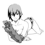  bakemonogatari breasts cleavage cutoffs denim denim_shorts gorilla_hand greyscale kanbaru_suruga large_breasts lying monochrome monogatari_(series) on_stomach short_hair shorts simple_background solo spoilers strapless tubetop velzhe white_background 