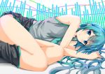  bare_shoulders blue_eyes blue_hair blush feet_out_of_frame fetal_position hatsune_miku long_hair looking_at_viewer lying necktie ok-ray on_side skirt solo vocaloid 