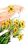  1girl commentary english_commentary flower from_side hair_flower hair_ornament heikala highres holding holding_flower long_hair original plant profile simple_background solo sunflower traditional_media watercolor_(medium) white_background white_skin yellow_flower 