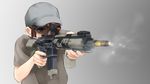  aiming aimpoint ar-15 assault_rifle bad_id bad_pixiv_id brown_hair firing foregrip genso goggles gun hat military_operator muzzle_brake original rifle scope simple_background solo weapon 