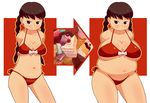  1girl bikini black_hair breasts brown_hair cake cleavage fat food gishi huge_breasts large_breasts long_hair original red_eyes smile solo swimsuit twintails weight_gain 