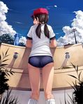  :d ass baseball_cap black_hair brand_name_imitation buruma cloud day faucet from_behind gym_uniform hat kneehighs kneepits long_hair low_twintails open_mouth original pocari_sweat profile smile socks solo twintails ufo water white_legwear yokaze_japan 