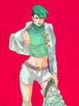  bad_id bad_pixiv_id boxers diamond_wa_kudakenai earrings fabulous green_eyes green_hair green_lipstick headband highres izumi_kazuhira jewelry jojo_no_kimyou_na_bouken kishibe_rohan lipstick makeup male_focus male_underwear nail_polish solo underwear undressing 