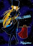  1boy 1girl 70s 80s artist_request blonde_hair breasts dress erect_nipples ginga_tetsudou_999 hat high_heels hoshino_tetsurou large_breasts looking_at_viewer maetel oldschool outer_space space star star_(sky) stars suitcase train very_long_hair 