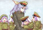  animal_ears bespectacled bow bunny_ears clone crying crying_with_eyes_open double-breasted epaulettes glasses hair_bow hat long_hair military military_uniform multiple_girls namasomi peaked_cap pince-nez ponytail purple_hair red_eyes reisen short_hair sleeve_tug tears touhou trench_coat uniform watatsuki_no_yorihime 