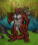  abs anthro axe balls biceps claws dinosaur dragon flaccid flinch69 hair horn male monster muscles nude painis18 penis raptor reptile scalie solo theropod water weapon 