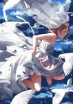  bare_shoulders barefoot bird blue_sky blurry brown_eyes brown_hair depth_of_field dove dress flock grin highres original pood1e short_hair sky sleeveless smile solo veil water_drop wedding_dress 