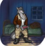  bed boots canine clothing cum jacket knot looking_at_viewer male mammal mudwolfy night pants penis solo wolf 