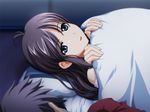  1girl bed blue_eyes edelweiss edelweiss_eiden_fantasia fujisaki_rin game_cg katakura_shinji purple_hair 